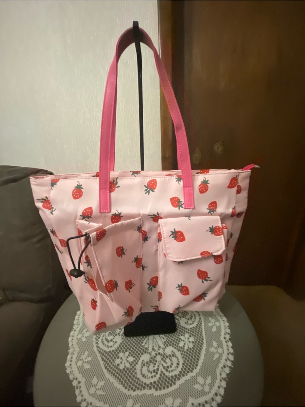 Pink Strawberry Print Tote Bag with Front Pockets